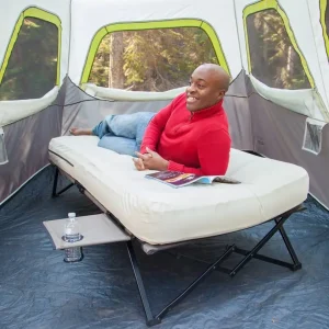 Camping Cots: Folding Air Mattress Set, Battery-Operated Pump & Side Table